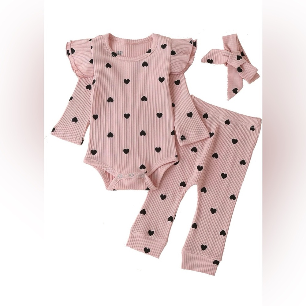 Pink Heart Print Baby Outfit Set